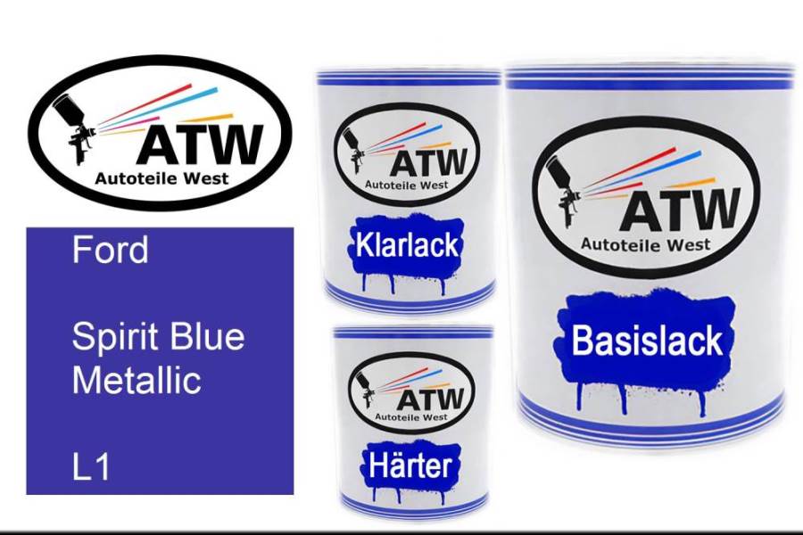 Ford, Spirit Blue Metallic, L1: 1L Lackdose + 1L Klarlack + 500ml Härter - Set, von ATW Autoteile West.